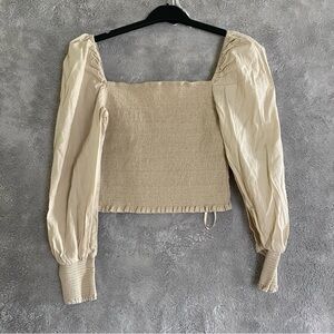 Gianni Bini Linen Top Cream‎ Puff Sleeve Fitted Blouse XL Squared Neck Smocked